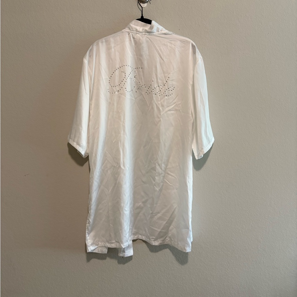 Bride white satin robe with rhinestone "Bride" on back with belt size Small